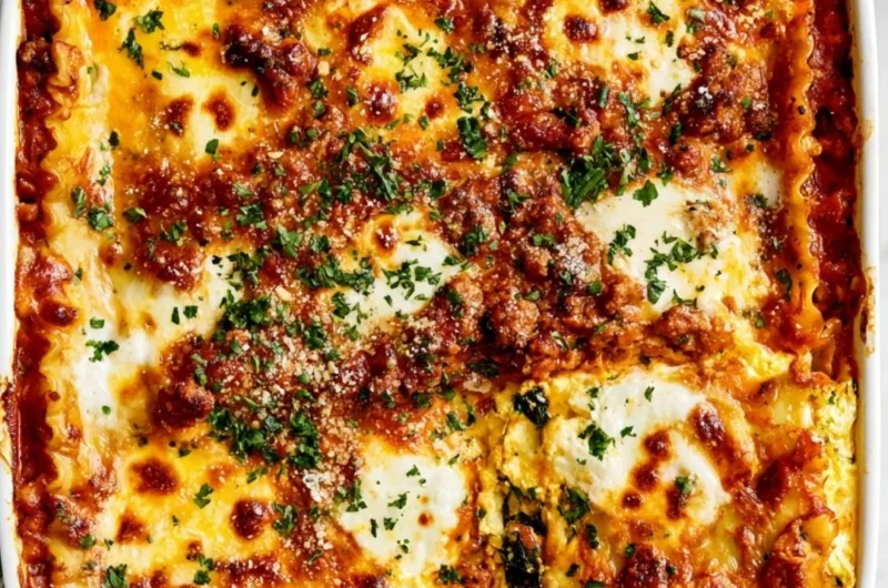 Baked Cottage Cheese Lasagna topped with mozzarella and fresh herbs