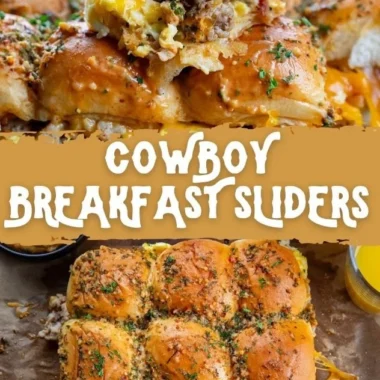Delicious Cowboy Breakfast Sliders stacked with eggs and sausage on fluffy rolls