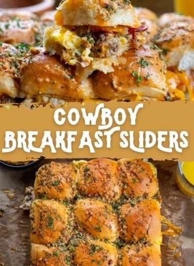 Delicious Cowboy Breakfast Sliders stacked with eggs and sausage on fluffy rolls