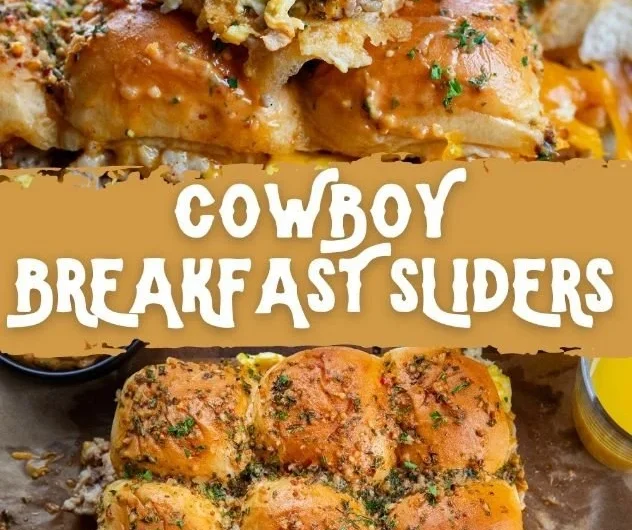 Delicious Cowboy Breakfast Sliders stacked with eggs and sausage on fluffy rolls