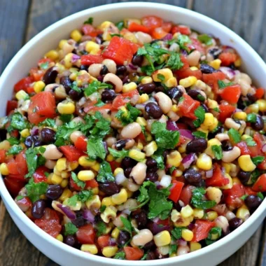 A colorful bowl of Cowboy Caviar dip with fresh ingredients and toppings