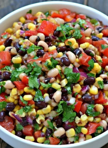 A colorful bowl of Cowboy Caviar dip with fresh ingredients and toppings