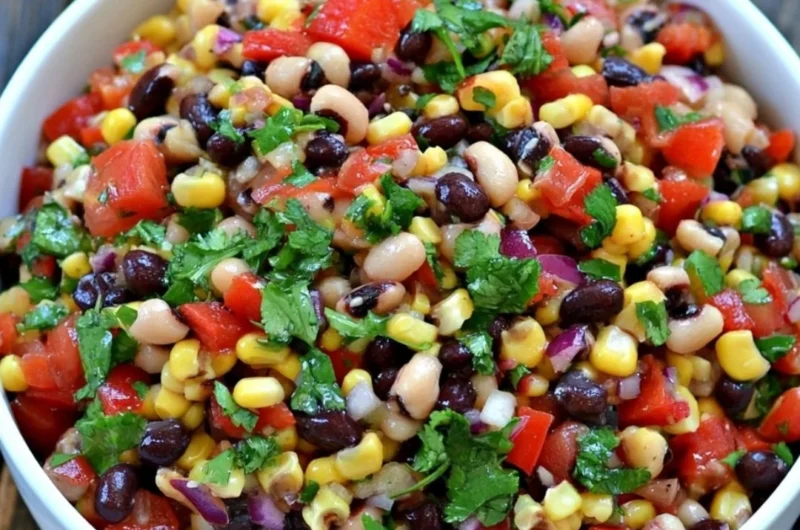 A colorful bowl of Cowboy Caviar dip with fresh ingredients and toppings