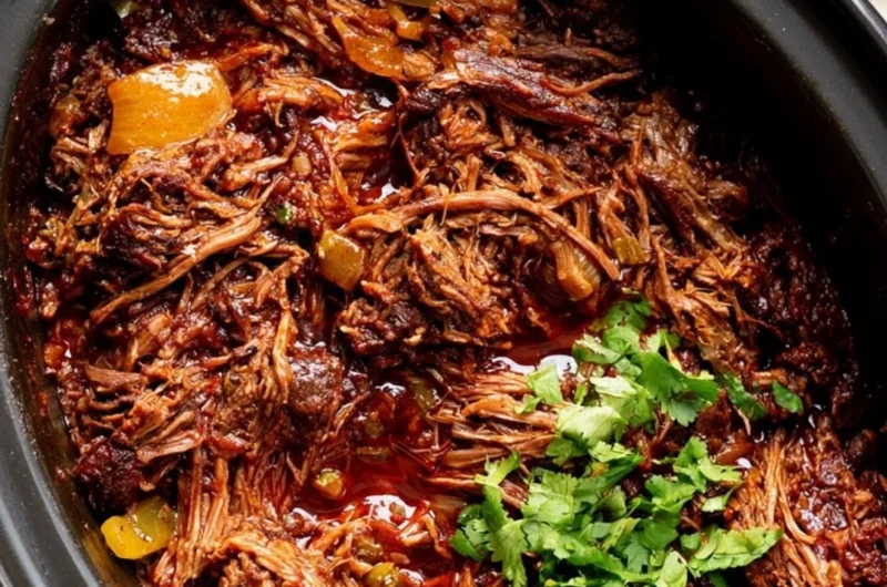 Delicious cozy beef barbacoa served with fresh toppings in a warm dish