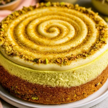 Deliciously baked pistachio cheesecake topped with crushed pistachios.