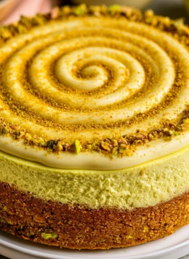 Deliciously baked pistachio cheesecake topped with crushed pistachios.
