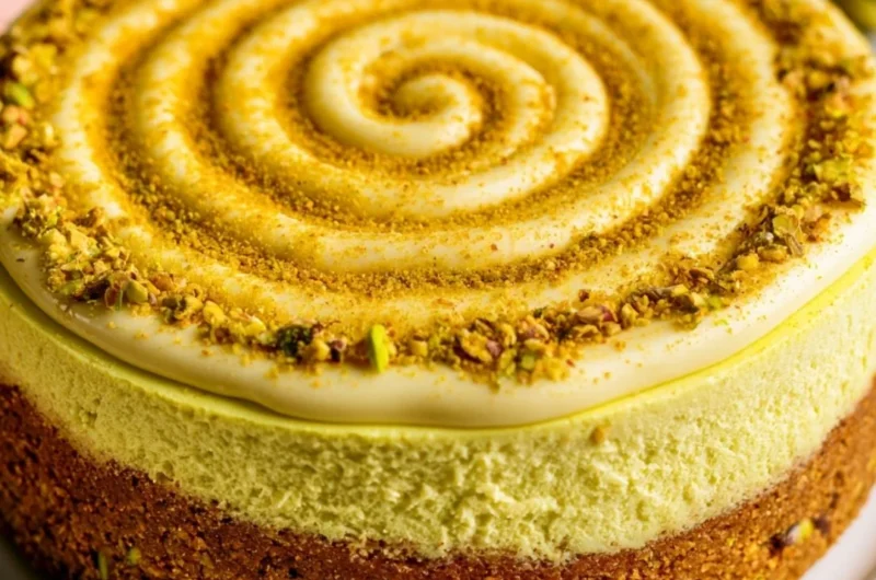 Deliciously baked pistachio cheesecake topped with crushed pistachios.