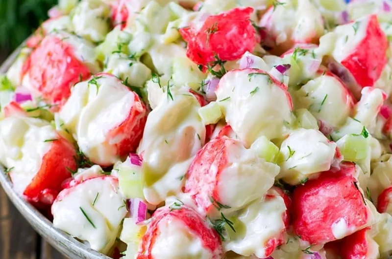 Delicious homemade crab salad served in a bowl with fresh ingredients.