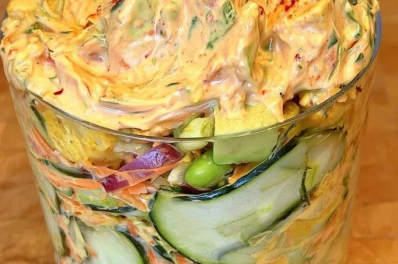 Creamy Asian cucumber salad with vegetables, sesame, and dressing served in a bowl