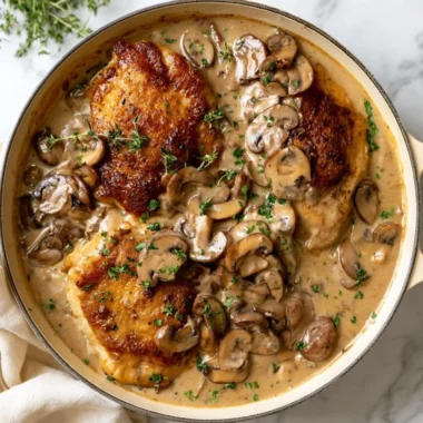 Creamy mushroom chicken dish with tender chicken and savory mushrooms