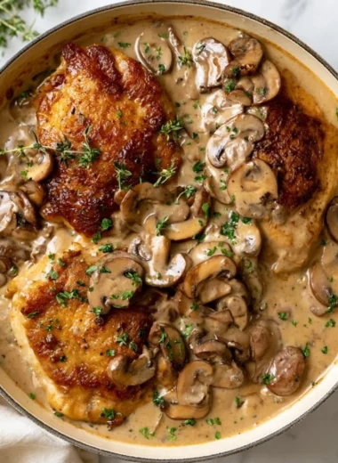 Creamy mushroom chicken dish with tender chicken and savory mushrooms