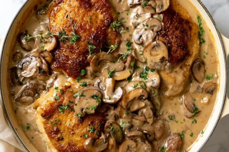 Creamy mushroom chicken dish with tender chicken and savory mushrooms