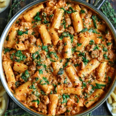 Creamy sausage rigatoni with spinach and tomato cream sauce served in a bowl