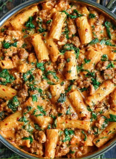 Creamy sausage rigatoni with spinach and tomato cream sauce served in a bowl