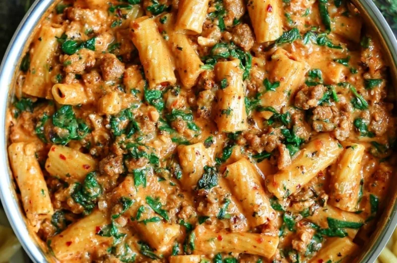 Creamy sausage rigatoni with spinach and tomato cream sauce served in a bowl