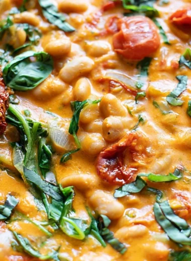 Bowl of creamy vegan tomato white bean stew garnished with herbs