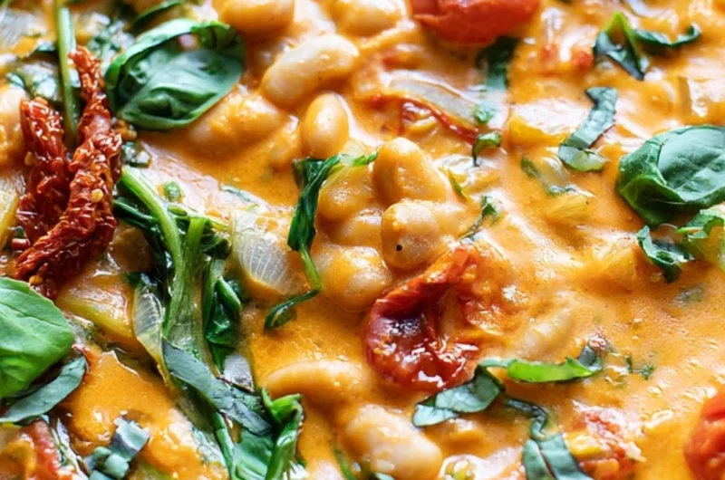 Bowl of creamy vegan tomato white bean stew garnished with herbs
