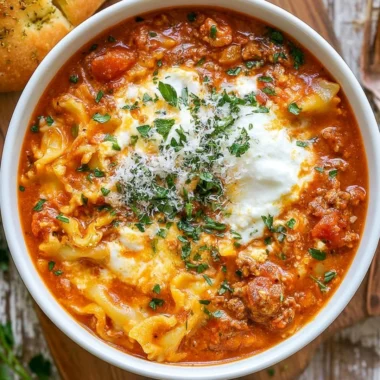 Bowl of Easy Lasagna Soup topped with cheese and herbs, perfect for dinner.