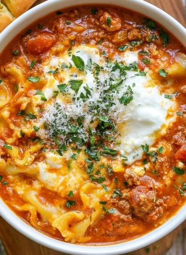 Bowl of Easy Lasagna Soup topped with cheese and herbs, perfect for dinner.