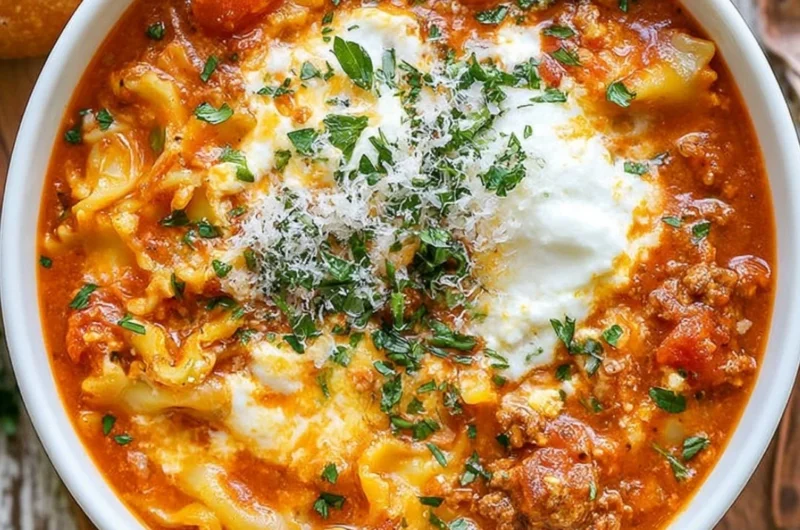 Bowl of Easy Lasagna Soup topped with cheese and herbs, perfect for dinner.