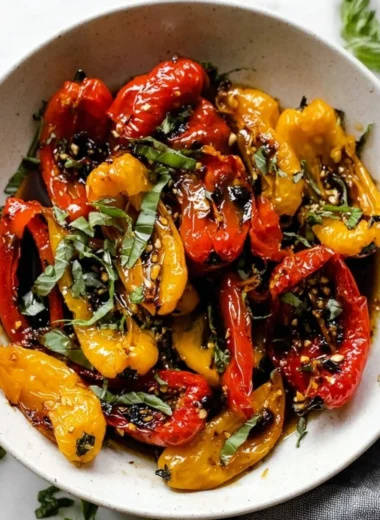 A plate of easy roasted mini peppers, garnished with herbs and spices.