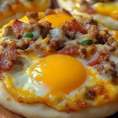 English muffin breakfast pizzas with eggs, cheese, and vegetables