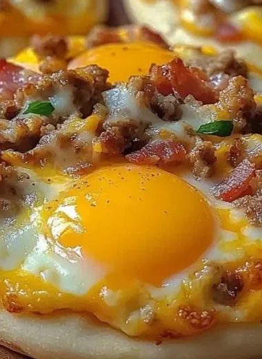 English muffin breakfast pizzas with eggs, cheese, and vegetables