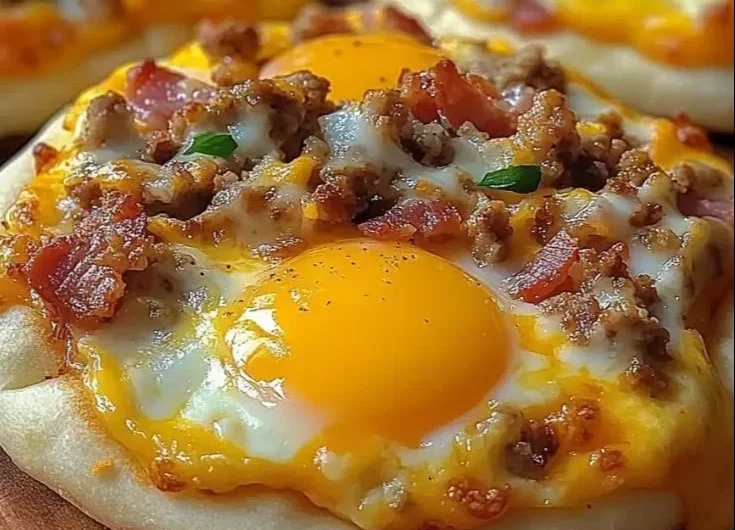 English muffin breakfast pizzas with eggs, cheese, and vegetables