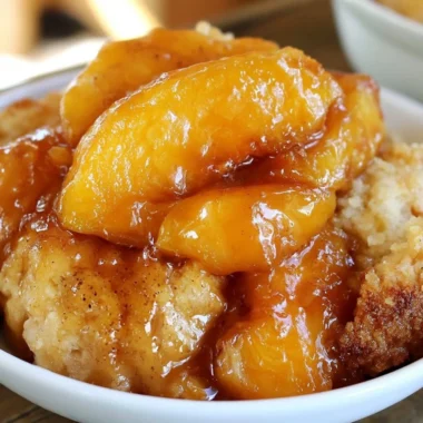Freshly baked peach cobbler topped with vanilla ice cream