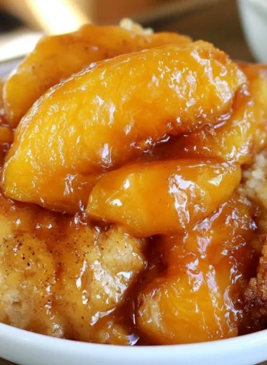Freshly baked peach cobbler topped with vanilla ice cream
