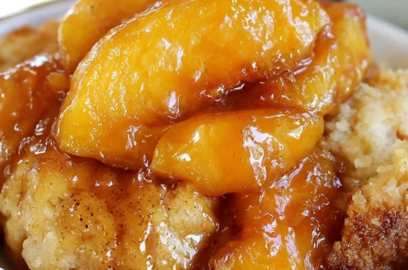 Freshly baked peach cobbler topped with vanilla ice cream
