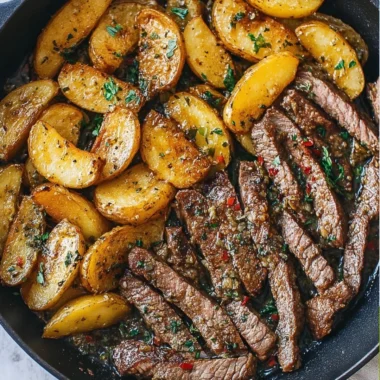 Delicious Garlic Butter Steak with potatoes skillet dish served hot