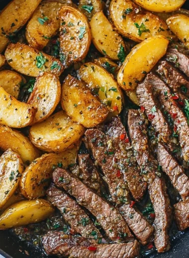 Delicious Garlic Butter Steak with potatoes skillet dish served hot