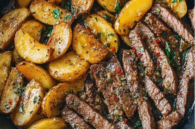 Delicious Garlic Butter Steak with potatoes skillet dish served hot