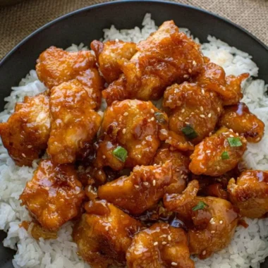 Plate of General Tso's Chicken with rice and vegetables
