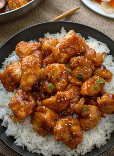 Plate of General Tso's Chicken with rice and vegetables
