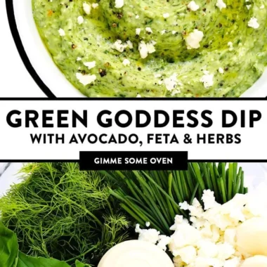 Green Goddess Feta Dip served in a bowl with fresh herbs and vegetables