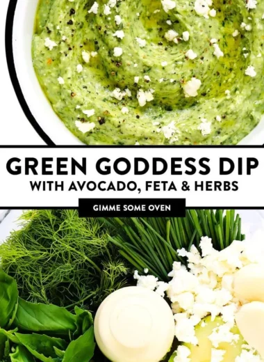 Green Goddess Feta Dip served in a bowl with fresh herbs and vegetables
