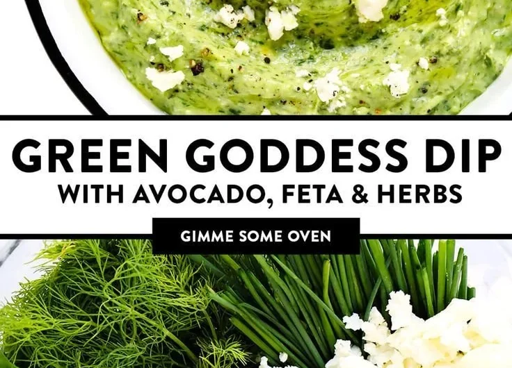 Green Goddess Feta Dip served in a bowl with fresh herbs and vegetables