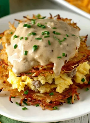 Crispy Hash Browns Breakfast Stack with eggs and cheese