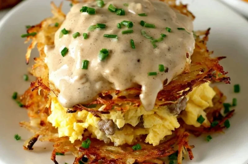Crispy Hash Browns Breakfast Stack with eggs and cheese