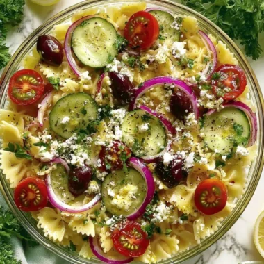Colorful Mediterranean Pasta Salad with fresh vegetables and herbs.