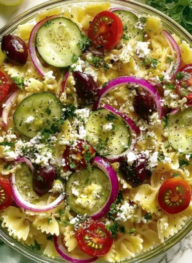 Colorful Mediterranean Pasta Salad with fresh vegetables and herbs.