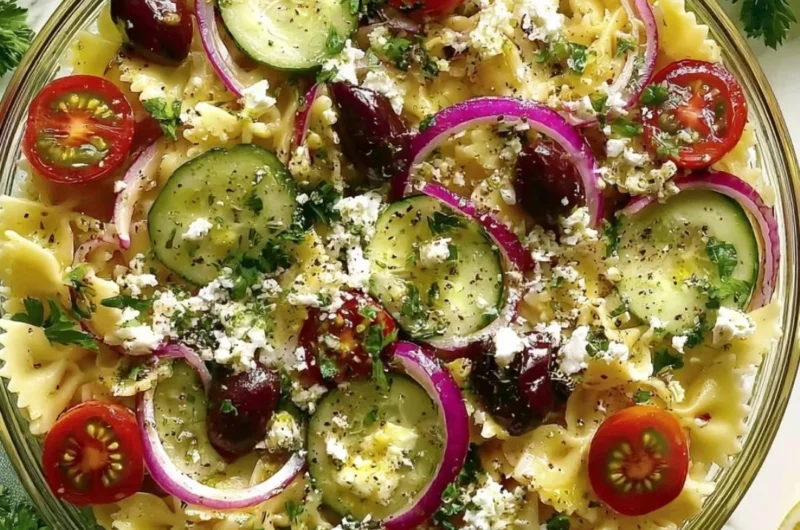 Colorful Mediterranean Pasta Salad with fresh vegetables and herbs.