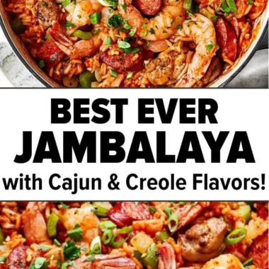 Delicious jambalaya filled with shrimp, sausage, and vegetables in a vibrant dish