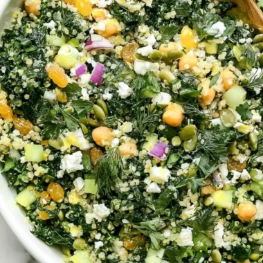 Kale Quinoa Salad with Lemon Dressing served in a bowl
