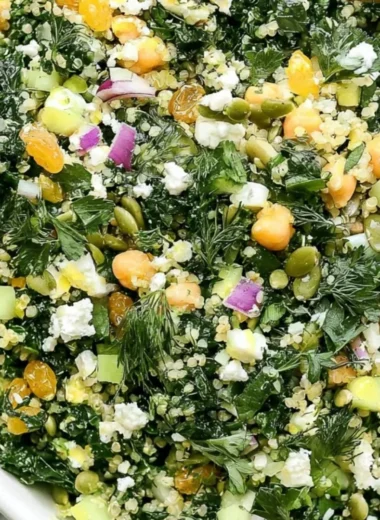 Kale Quinoa Salad with Lemon Dressing served in a bowl