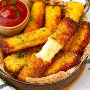 Freshly made keto mozzarella sticks served on a plate with dipping sauce