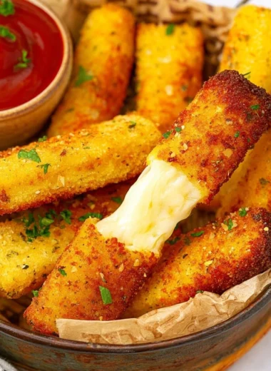 Freshly made keto mozzarella sticks served on a plate with dipping sauce