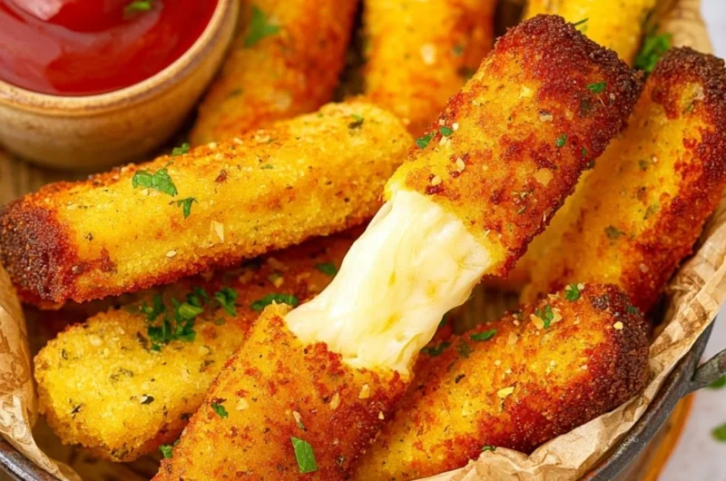 Freshly made keto mozzarella sticks served on a plate with dipping sauce